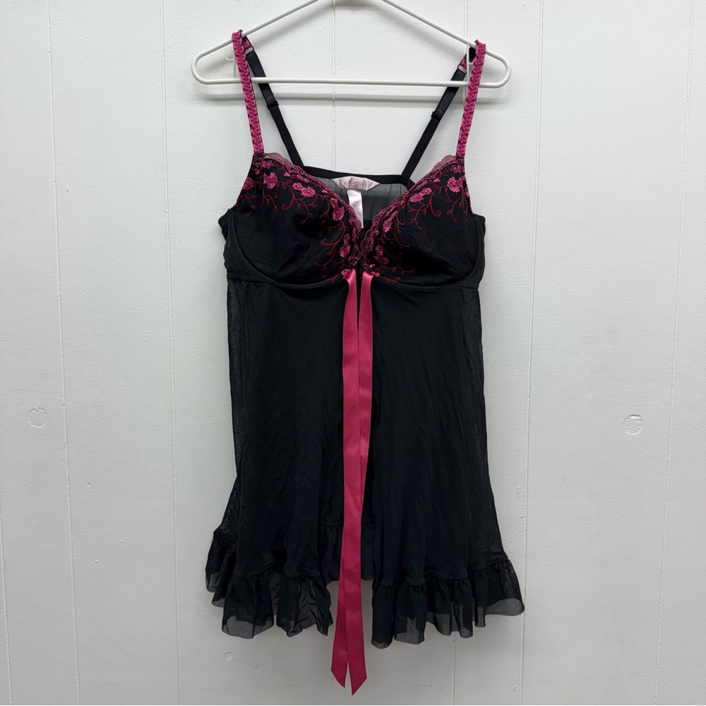 Y2K Cacique Black Sheer Babydoll Pink Ribbon Floral Embroidery Lingerie 18/20